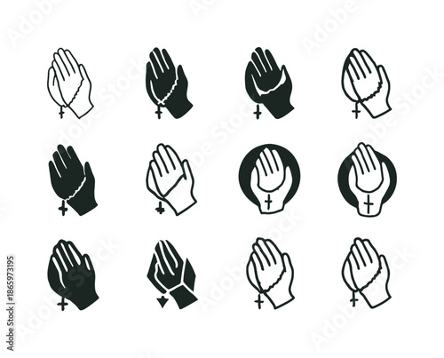 Catholic Mission Logos. Catholic Mission Work. Icon set. Set Logo of Catholic Mission Work: praying hands with rosary. harmonious logo variations of the same