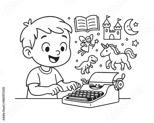 Child Typing Adventure. Typing a story children?s coloring book illustration, outlined drawing, cartoon child happily typing on an old-fashioned typewriter