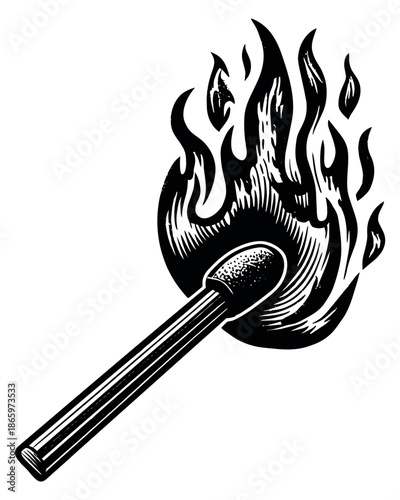 Woodcut style illustration of a match depicting a bright flame for ignition and danger concepts