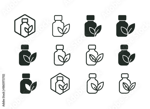 Self-Care Icon Set. Self-Care Routine. Icon set. Set Logo of Self-Care Routine: essential oil bottle. harmonious logo variations of the same emblematic