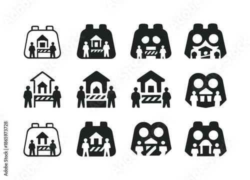 Military Checkpoint Icons. A military checkpoint with soldiers keeping watch. Icon set. Set Logo of Military checkpoint: binoculars. harmonious logo variations