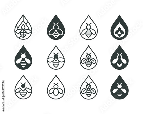 Beekeeping Icon Set. Beekeeping and Pollination. Icon set. Set Logo of Beekeeping and Pollination: honey drop. harmonious logo variations of the same