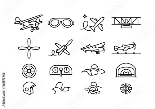 Vintage Aviation Icons. Airplane. Line icon set of Airplane: vintage airplane, early aviation goggles, Wright brothers flyer, biplane propeller, airshow icon,