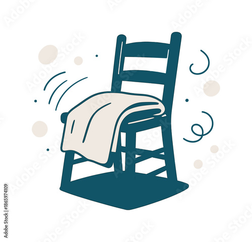 Cozy Rustic Chair. Rustic chair with blanket. A folded blanket drapes over the chair, motion lines hinting at recent use. Cozy shapes circle the scene. Modern