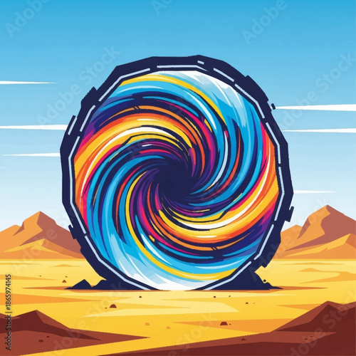 A pixelated portal swirls with rainbow hues in a desert landscape against a bright blue sky