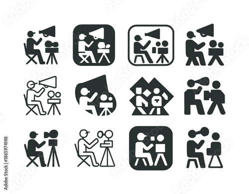 Film Set Iconography. Film set with director and crew. Icon set. Set Logo of Film set with director and crew: director?s megaphone. harmonious logo variations