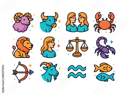 Colorful Zodiac Icons. Zodiac Signs. Colorful isometric vector icons set of Zodiac Signs: aries ram, taurus bull, gemini twins, cancer crab, leo lion, virgo