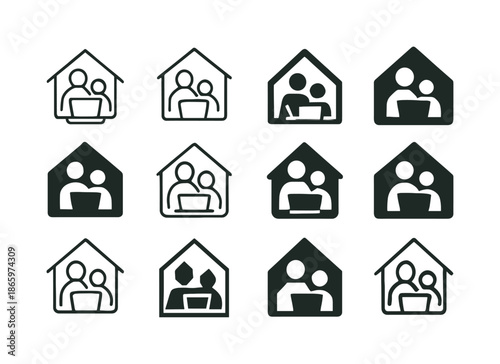 Home Education Logos. Home education and the role of parents in teaching. Icon set. Set Logo of Home education and the role of parents in teaching: laptop