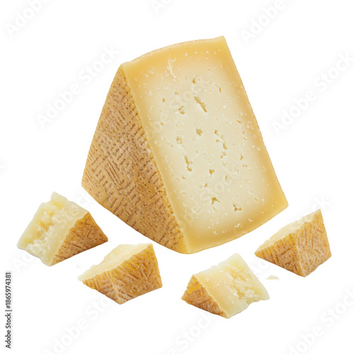 Large triangular Pecorino Romano cheese wedge, pale brown rind, golden-white interior, crumbly texture, isolated on a bright white studio background with copy space, gourmet Italian dairy concept