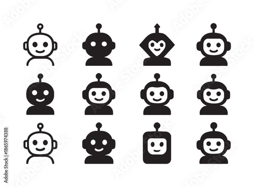 Home Robotics Icons. Home Robotics. Icon set. Set Logo of Home Robotics: friendly household robot with antenna. harmonious logo variations of the