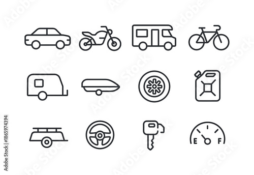 Road Trip Icon Set. Road trip ? Vehicles & Travel Gear. Line icon set of Road trip ? Vehicles & Travel Gear: car, motorcycle, camper van, bicycle, trailer,