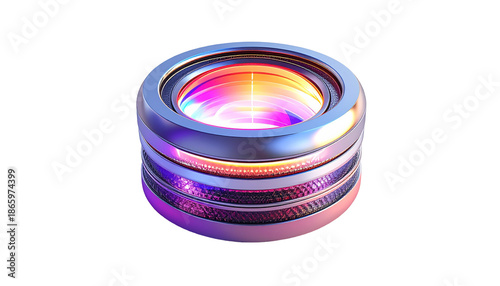 Futuristic lens with vibrant, colorful light radiating from its center