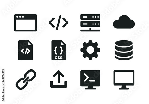 Web Development Icons. Web Development. Solid icon set of Web Development: browser window, code brackets, server, cloud, html tag, css file, gear, database,