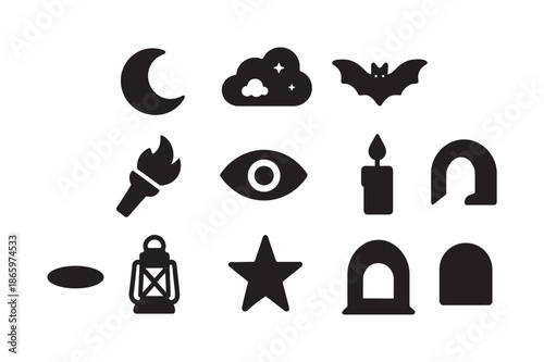 Darkness Icon Set. Darkness. Solid icon set of Darkness: moon, night sky, cloud, bat, torch, eye, candle, cave entrance, shadow, lantern, star, tunnel. Filled