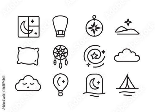 Creative Dream Icons. Creative dreams. Line icon set of creative dreams: moon window, floating lantern, star compass, dreamy hill, soft pillow, dreamcatcher,