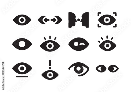 Eye Contact Icons. Eye contact. Solid icon set of Eye contact: eye symbol, gaze arrows, two-face profile, focused eye, glance icon, wide-open eye, blinking