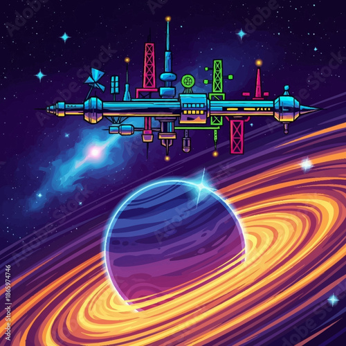 A pixelated space station hovers over a blue planet with swirling orange rings