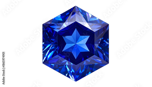 Faceted blue gemstone, shaped as a hexagon with a star inside, black background