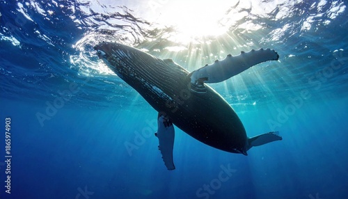 Majestic Humpback Whale Swimming Gracefully in the Deep Blue Ocean.