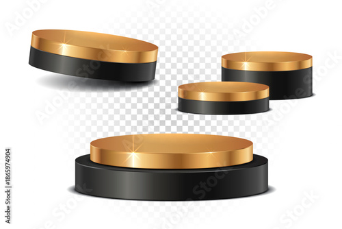 3D Black Gold Podium Vector with Shiny Luxury Stage Pedestal Stand for Golden Product Display Platform Background