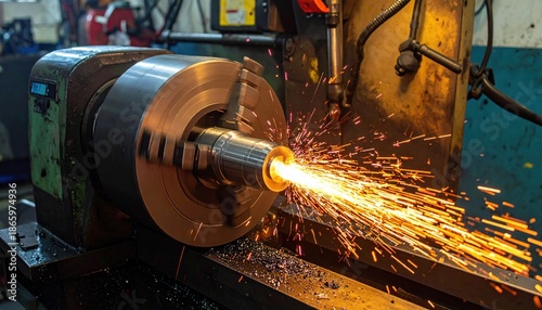 Metalworking Lathe in Action - Sparks Fly During Precision Machining.
