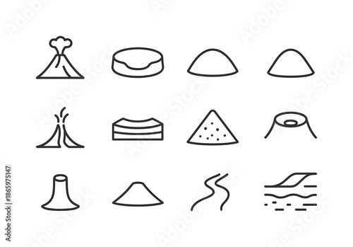 Volcanic Icon Set. Volcanic relief. Line icon set of Volcanic relief: volcanic cone, caldera rim, lava dome, cinder cone, fissure vent, lava plateau,
