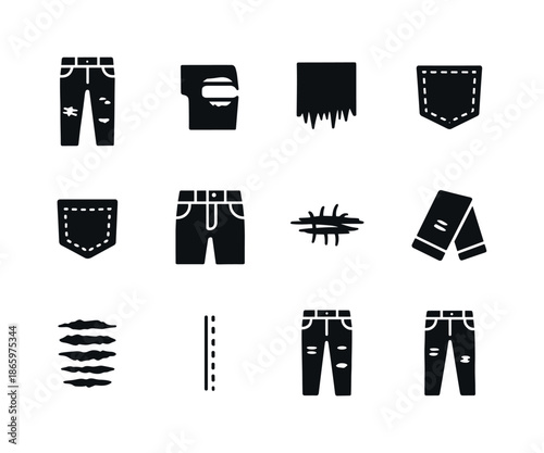Ripped Jeans Icons. Ripped jeans. Solid icon set of ripped jeans: denim pants, torn knee, frayed hem, patch detail, stitching lines, pocket outline, belt