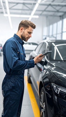 Mechanic in blue uniform inspects a dark car with a tablet in a bright workshop