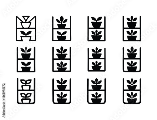 Balcony Plant Arrangements. Arranging Plants on a Balcony. Icon set. Set Logo of Arranging Plants on a Balcony: vertical rack with multiple pots. harmonious