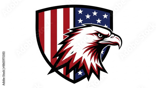 American bald eagle head shield logo with usa flag, patriotic symbol, national emblem, strong and free, wildlife icon, red white blue colors, star spangled shield, eagle