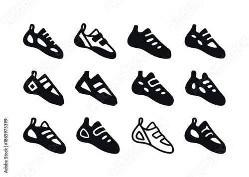 Rock Climbing Logos. rock climbing expeditions. Icon set. Set Logo of rock climbing expeditions: climbing shoe profile. harmonious logo variations of the same