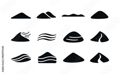 Sand Dune Icons. Sand dunes. Solid icon set of Sand dunes: single dune, double dune, ridge line, sandy mound, wind shape dune, dune waves, desert mound, dune
