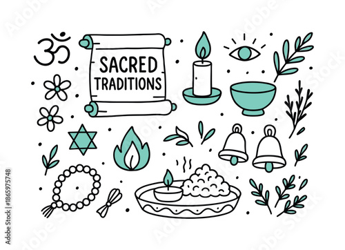 Sacred Ritual Symbols. Sacred Traditions. Hand-drawn doodle illustration Sacred Traditions scroll (accented), candle, ritual bowl (accented), flowers, beads,