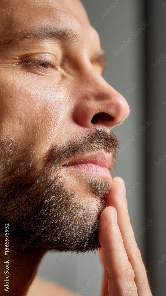 Fototapeta premium Man applying product to his face and short beard, eyes closed in relaxation