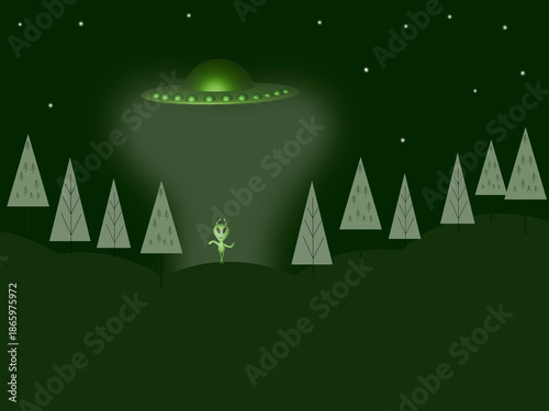 Green alien landing on earth from spaceship