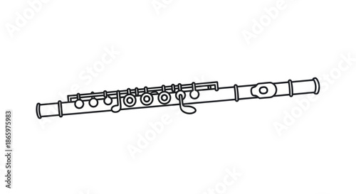 Detailed outline drawing of a silver concert flute with keys.