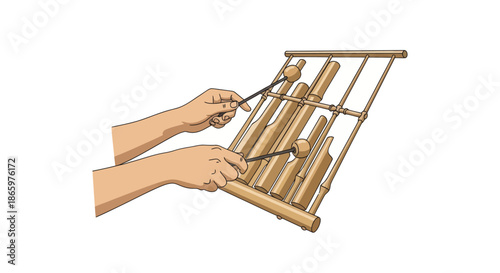 Hands playing traditional bamboo Angklung musical instrument.
