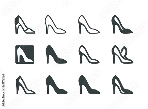 Modeling Logo Icons. Modeling Tips. Icon set. Set Logo of Modeling Tips: high-heel shoe symbolizing posture technique. harmonious logo variations of the same