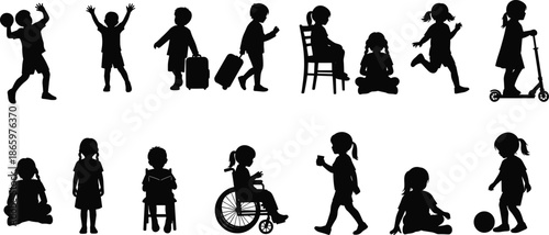 Children silhouettes set showing diverse kids activities including playing, walking, sitting, reading, wheelchair use, and everyday childhood movements