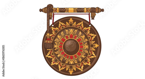 Traditional Ornate Asian Gong with Intricate Patterns on Decorative Wooden Stand.