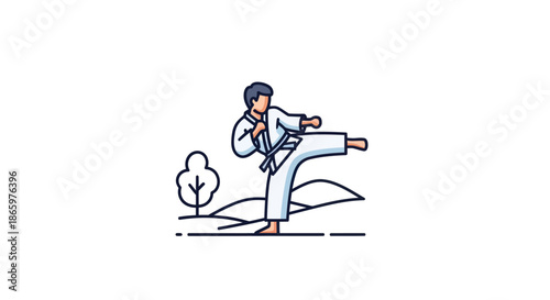 Martial artist in white gi performing a dynamic side kick in a stylized outdoor setting.
