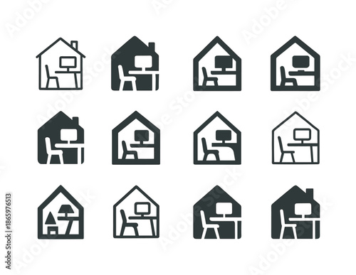 Remote Work Icons. Remote work revolution post-pandemic. Icon set. Set Logo of Remote work revolution post-pandemic: home office desk. harmonious