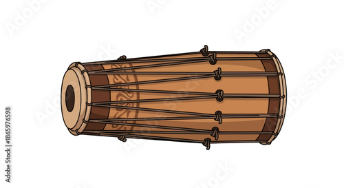 Traditional Indian Dholak Drum with Wooden Body and Strings.