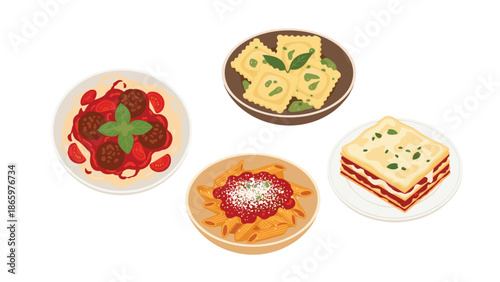 Assortment of classic Italian cuisine featuring four distinct dishes, including spaghetti with meatballs, spinach ravioli, penne pasta with sauce, and a delicious slice of lasagna.