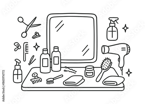 Salon Station Essentials. Salon workstation. Hand-drawn doodle illustration salon workstation mirror, scissors, comb, brush, hairdryer, towel, spray bottle,