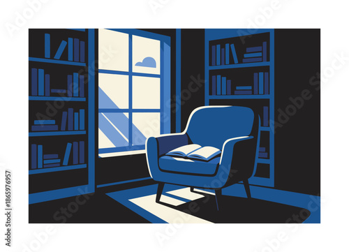 Cozy Reading Nook. Reading nook. A cozy chair sits beside a wide window framed by bookshelves, warm rays falling across an open book. Calm, thoughtful retreat.