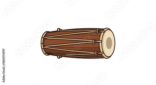 Traditional Wooden Dholak Drum with Taut Skin Heads and Lacing.