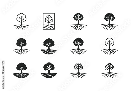 Lone Tree Logo Variations. lone tree in field. Icon set. Set Logo of lone tree in field: tree with roots visible. harmonious logo variations of the same