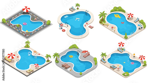 Collection of six distinct isometric swimming pool designs, showcasing various shapes, complete with loungers, umbrellas, and inflatable rings, all featuring sparkling blue water.