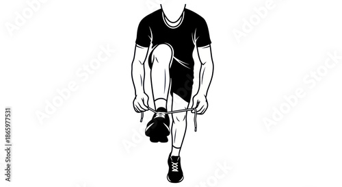 Illustration of a person tying their shoelaces wearing athletic shoes and shorts.